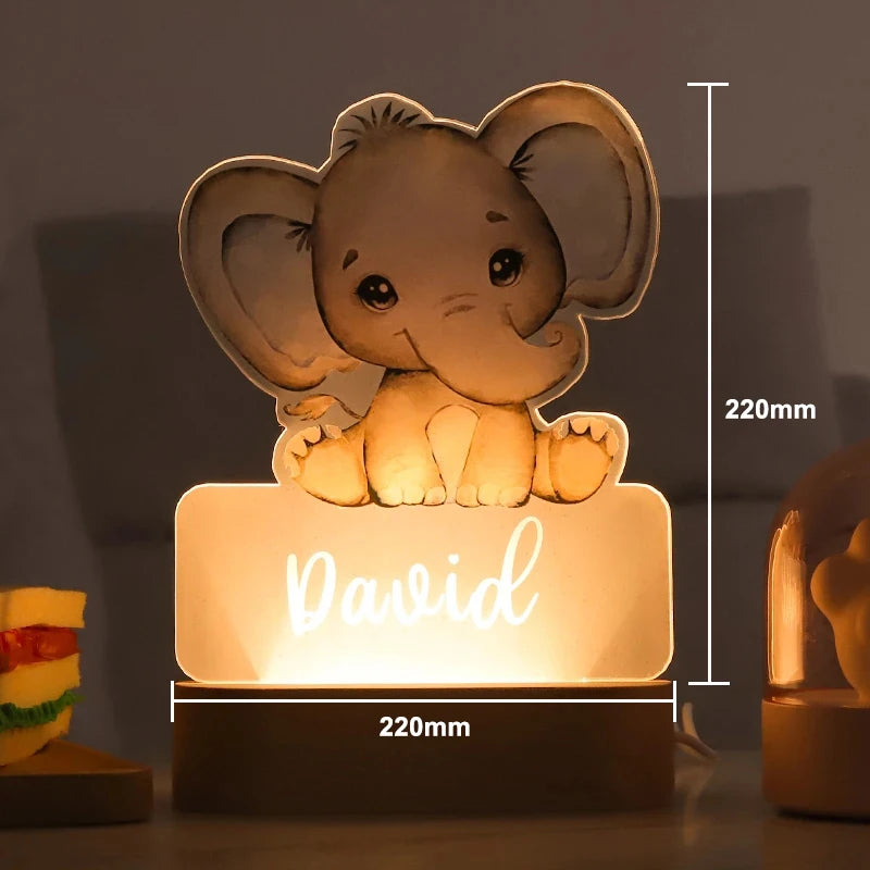 Personalized Elephant Lion LED USB Night Light Custom Name Acrylic Lamp For Kids Children Cute Bedroom Decoration Baby Gift